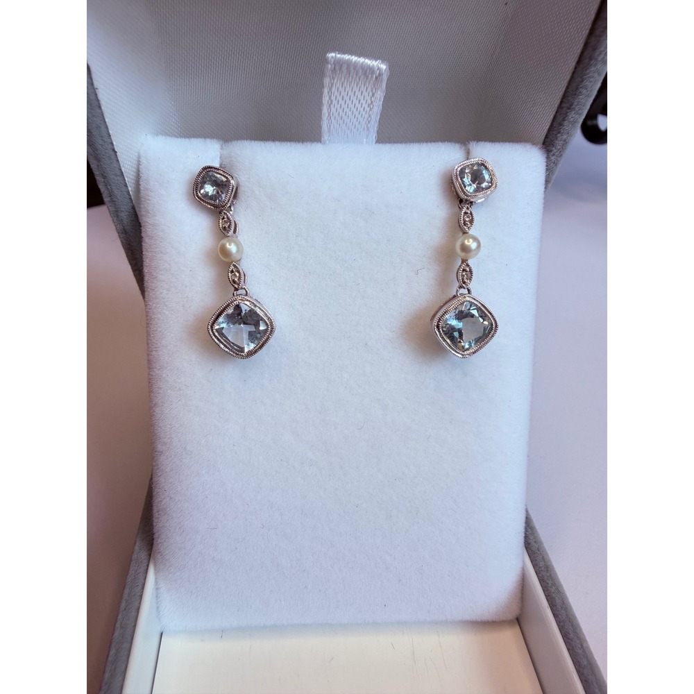 14K White Gold Aquamarine & Pearl Dangle Earrings Milgrain Drop Earrings